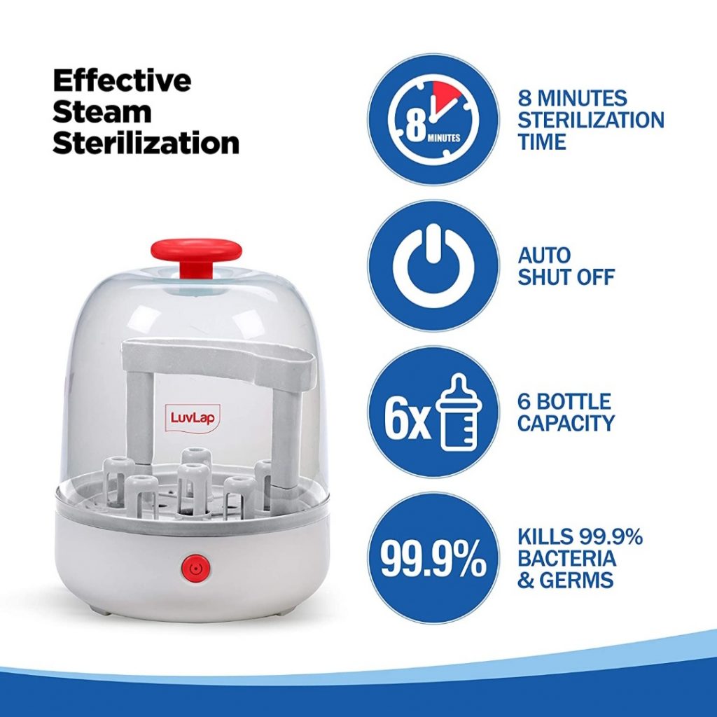LuvLap Joy Electric Steam Sterilizer for feeding bottles, Auto Shut off,  Fast bottle sterilizer machine, BPA Free (White)