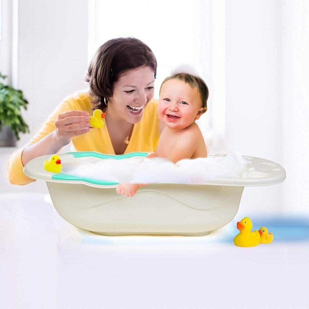 LuvLap Baby Bath tub with drain plug, Ergonomic and spacious, Soft Curved,  Durable Non Toxic material (Pink)